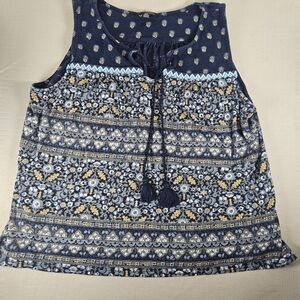 Lucky Brand Navy Blue Floral Tassel Sleeveless Blouse